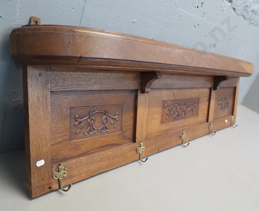 vintage French carved oak wall mount coat rack with 5 figural brass hooks - some movement in joints H330 W1240 D110 Image 1++