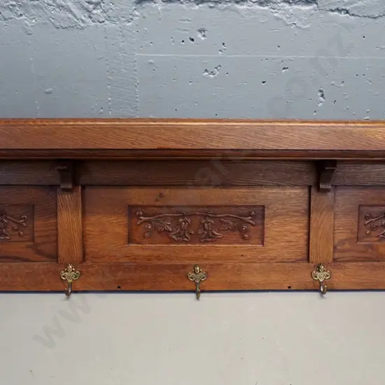 vintage French carved oak wall mount coat rack with 5 figural brass hooks - some movement in joints H330 W1240 D110