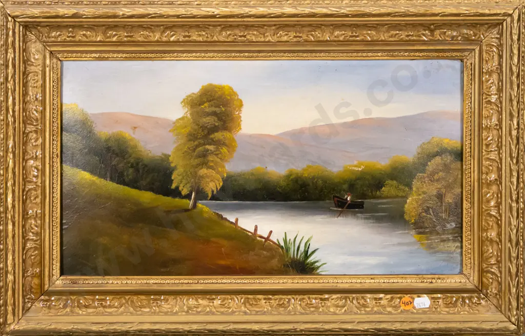 gilt framed oil on board - river scene H-230 W-430 (warped) Image 1++