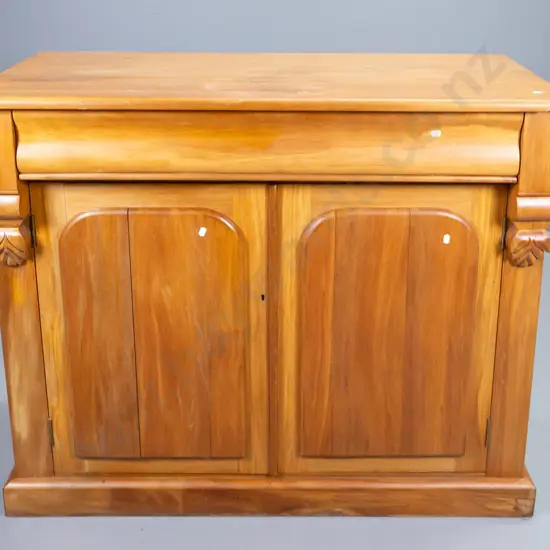vintage rimu colonial style chiffonier with carved corbels - some splitting in doors and top, polish needs needs work
