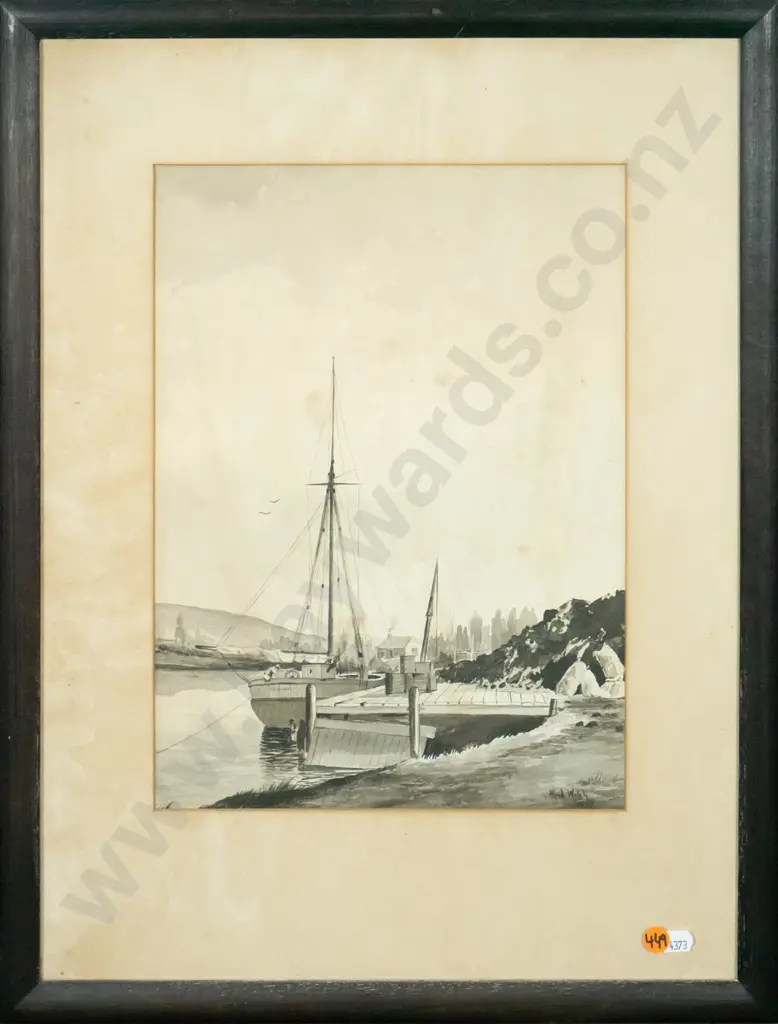 Alfred Walsh 1887 - framed - watercolour sailing boat at jetty (foxing) H-330 W-240 Image 1++