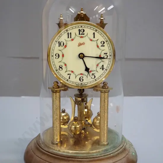 Schatz anniversary clock - brass with glass dome, pitting and corrosion to metal - not going, no suspension spring