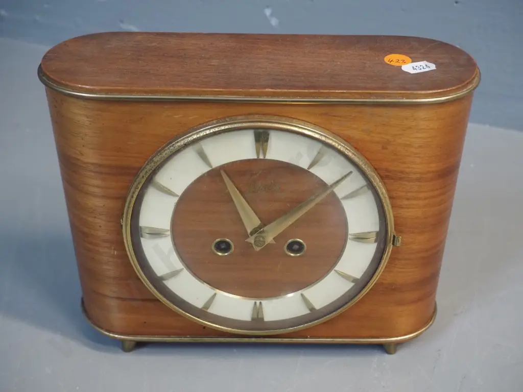 deco Schatz timber cased striking mantel clock with brass trim, key - going H185 W225 D80 Image 1++