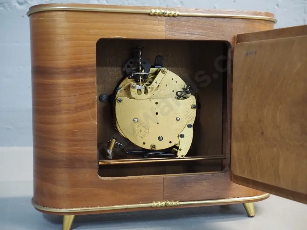 deco Schatz timber cased striking mantel clock with brass trim, key - going H185 W225 D80 Image 1++