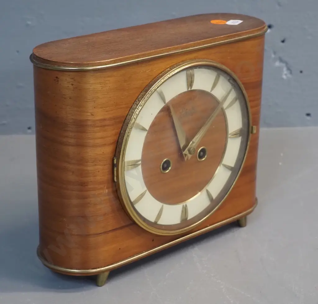 deco Schatz timber cased striking mantel clock with brass trim, key - going H185 W225 D80 Image 1++