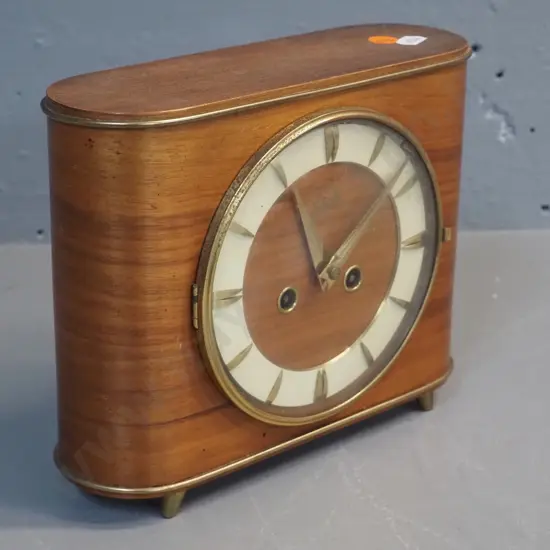 deco Schatz timber cased striking mantel clock with brass trim, key - going H185 W225 D80