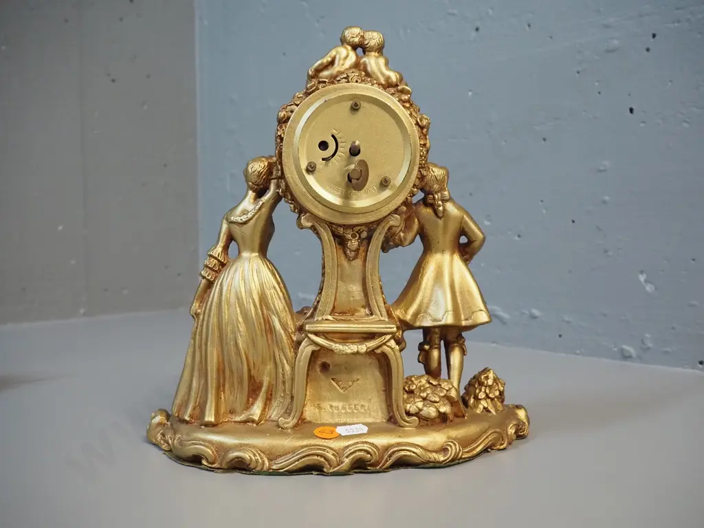 gilt finish composite or plaster mantel clock stamped Ruggeri, with Mercedes movement - chip to front H250 W240 Image 1++
