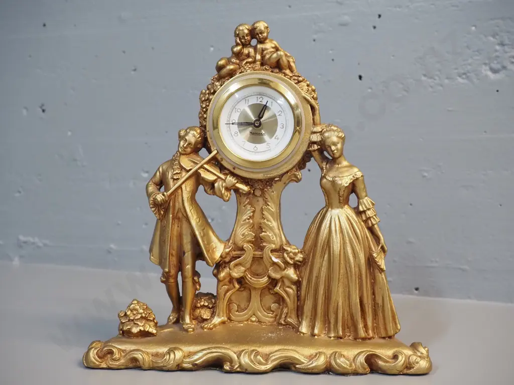 gilt finish composite or plaster mantel clock stamped Ruggeri, with Mercedes movement - chip to front H250 W240 Image 1++