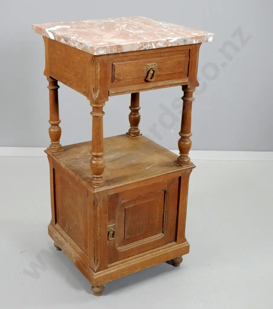 vintage French oak night stand with marble top, 1 drawer, 1 door, brass drop handles - polish needs work - going Image 1++