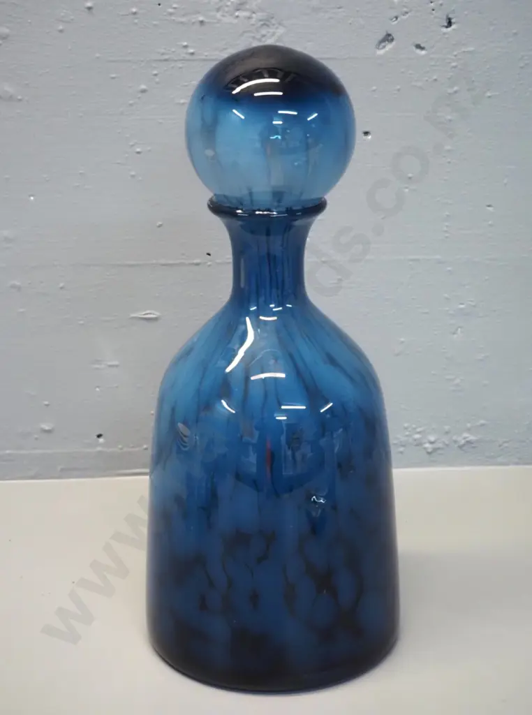 art glass bottle with globe stopper - mottled blue and white H-330 D-140 Image 1++