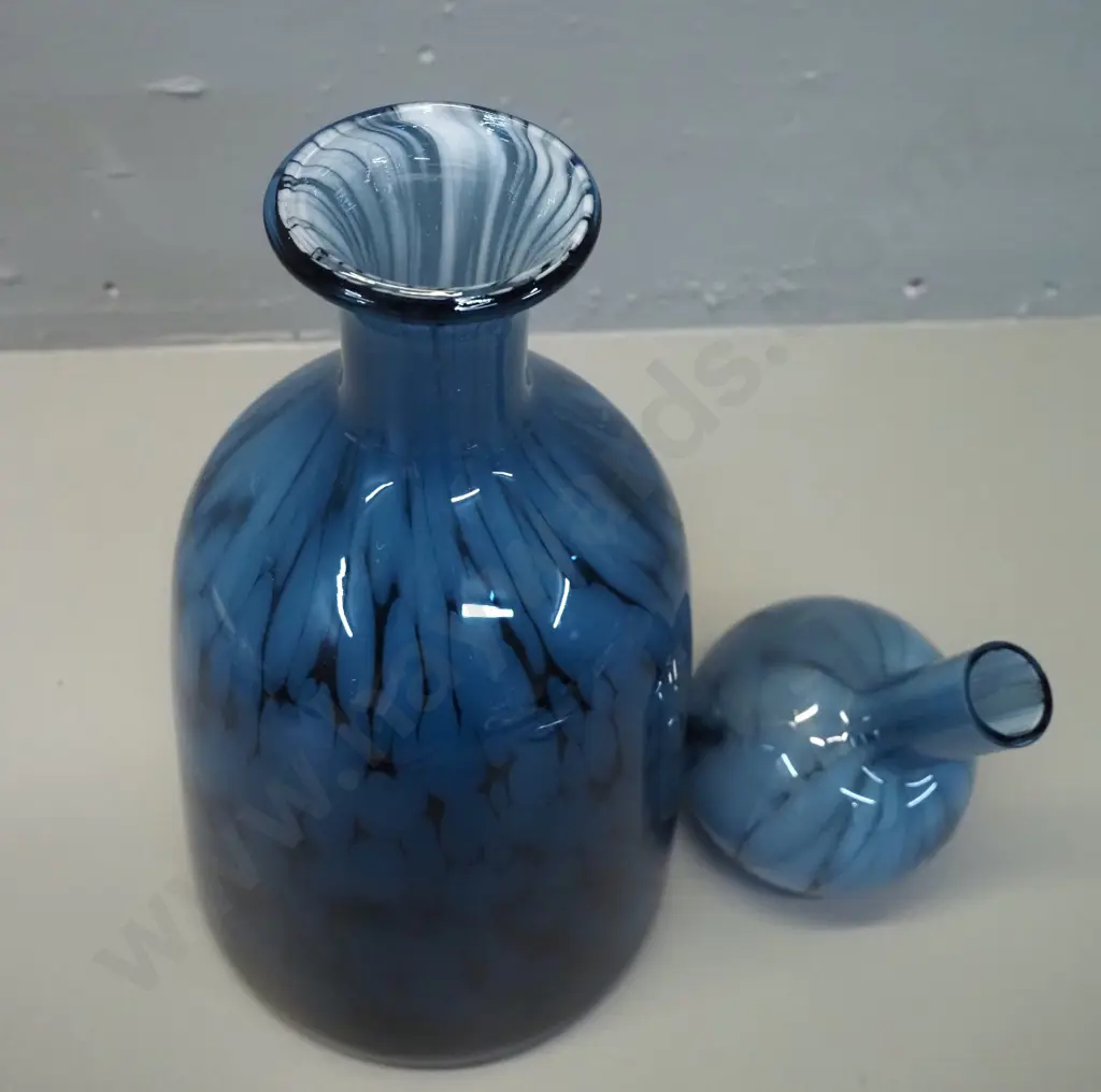 art glass bottle with globe stopper - mottled blue and white H-330 D-140 Image 1++