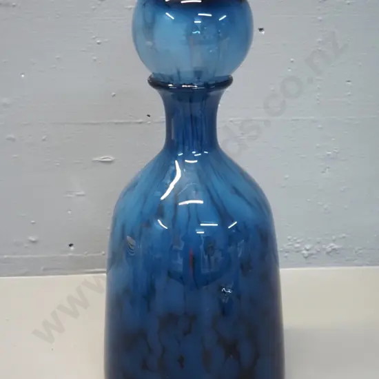 art glass bottle with globe stopper - mottled blue and white H-330 D-140