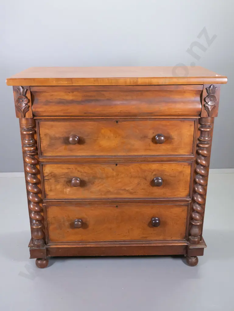 Victorian mahogany 4-drawer chest w/barley twist half pilasters, original locks - some varnish wear H-1250 W-1120 D-520 Image 1++