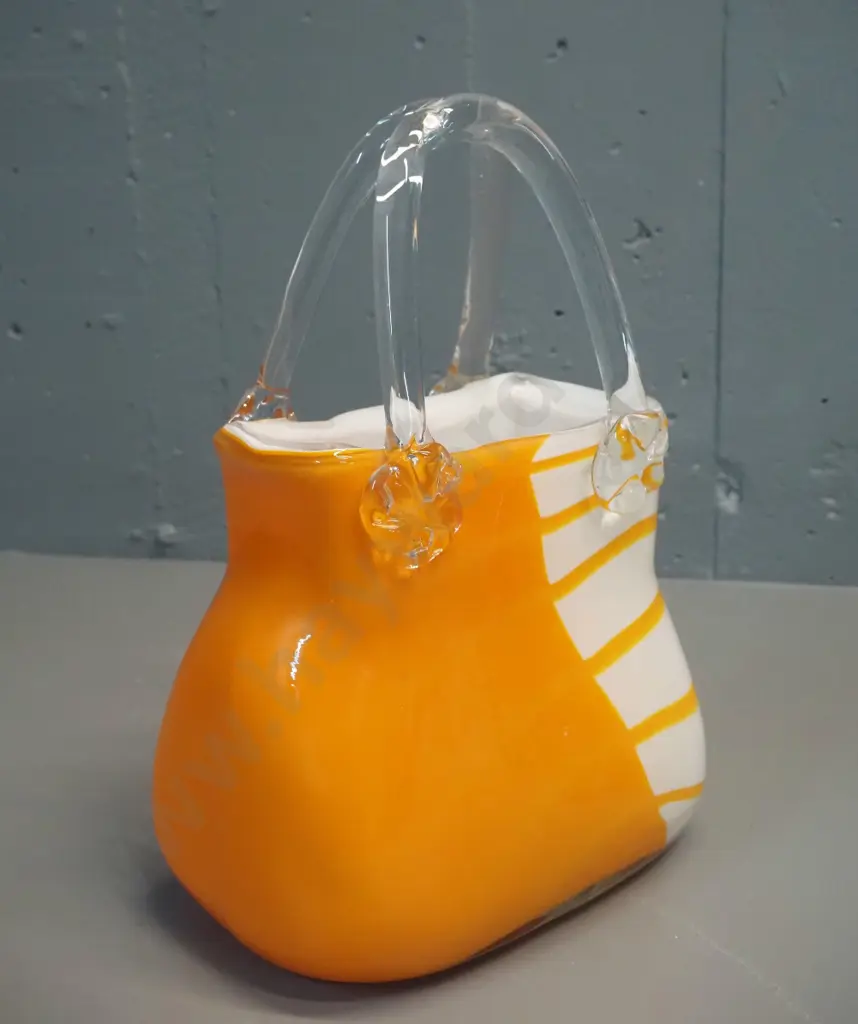 2 art glass handbag vases - mottled wine & clear, and larger orange & white H-290 W-200 Image 1++