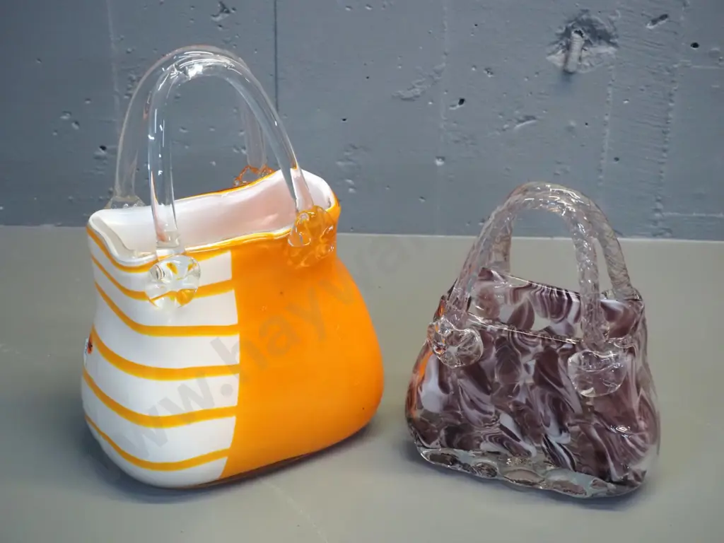 2 art glass handbag vases - mottled wine & clear, and larger orange & white H-290 W-200 Image 1++