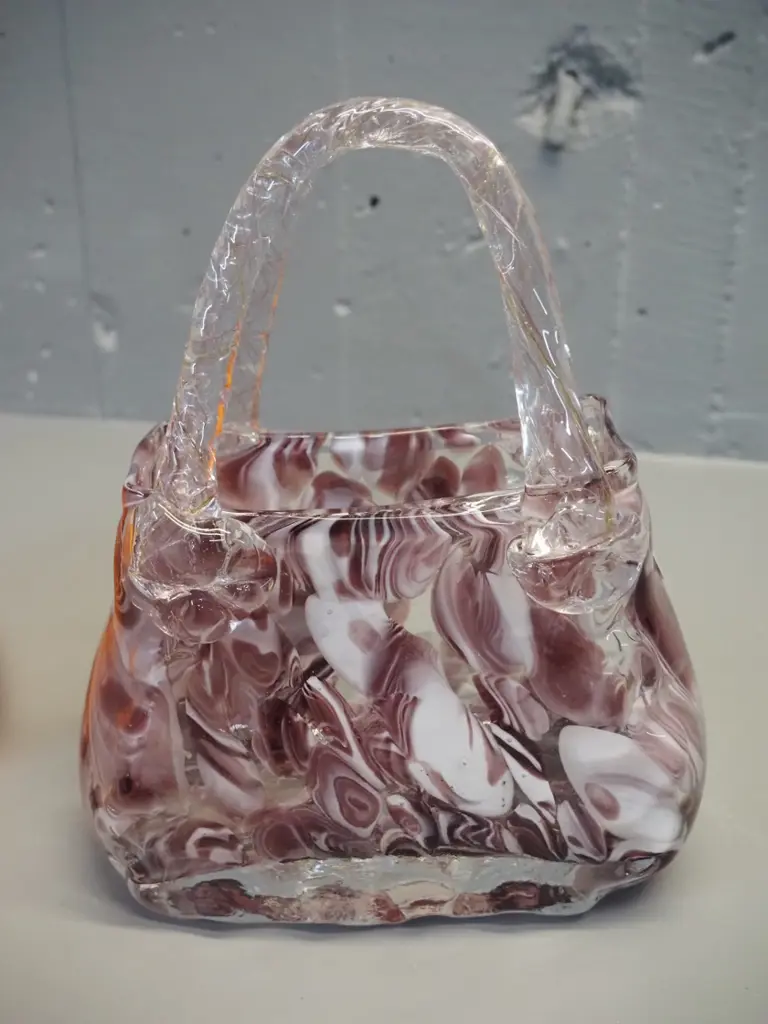 2 art glass handbag vases - mottled wine & clear, and larger orange & white H-290 W-200 Image 1++
