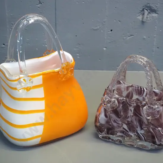 2 art glass handbag vases - mottled wine & clear, and larger orange & white H-290 W-200