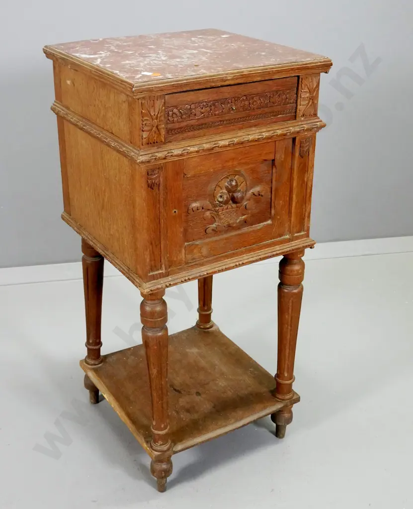 vintage French oak night stand with carved detail, crack to marble top, cupboard door jammed, missing beading H780 W360 Image 1++