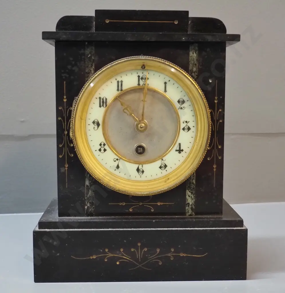 vintage black marble mantel clock with porcelain and brass face and bezel - has pendulum, no key H-240 W-190 D-120 Image 1++