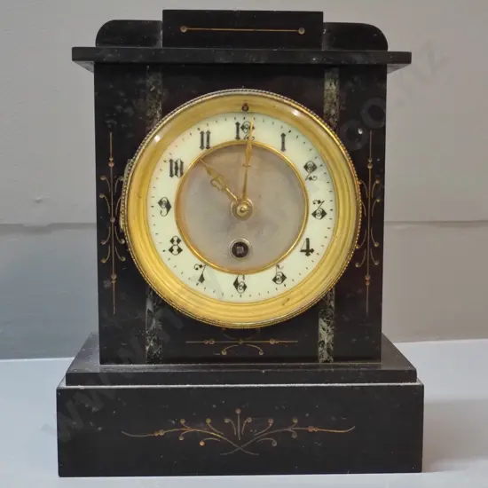 vintage black marble mantel clock with porcelain and brass face and bezel - has pendulum, no key H-240 W-190 D-120