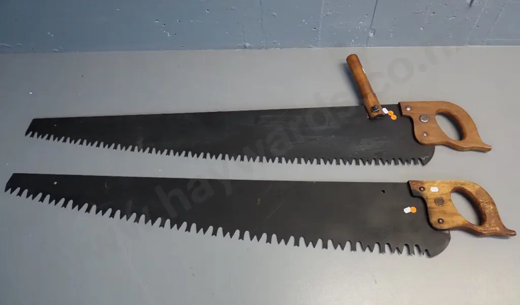 2 large vintage saws - one marked Disston USA, other marked Warranted Superior, has top grip handle L-1215 Image 1++