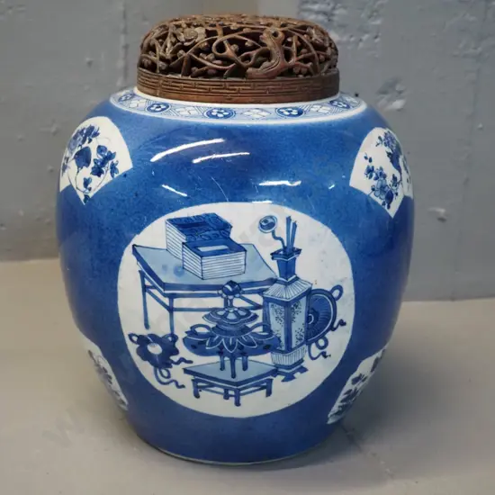 blue & white ceramic jar - crack at rim, composite faux wood fretwork lid has mend H-270 D-230