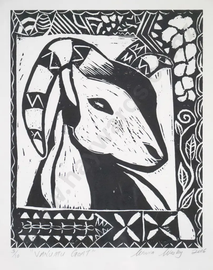 unframed wood block print 3/10 "Vanuatu Goat" H-250 W-200 Image 1++