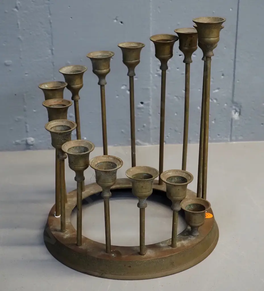 brass candelabra - 15 candle holders in graduated-height circle - several loose/wobbly. Diameter 230, tallest is H-290 Image 1++