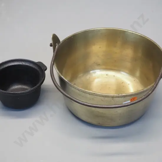 small heavy brass pan with handle H-120 with handle down D-220 and a cast iron glue pot inner