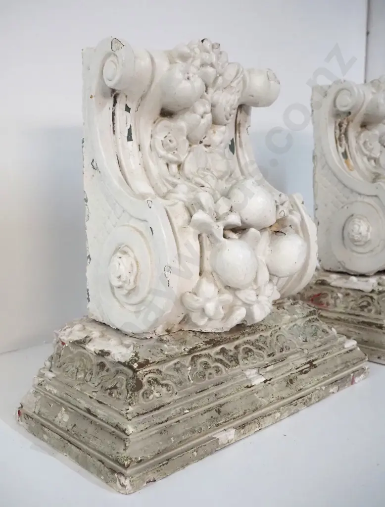 pair of painted plaster ornamental corbels and separate plinths - chips and flaking paint finish H-380 W-390 D-200 Image 1++