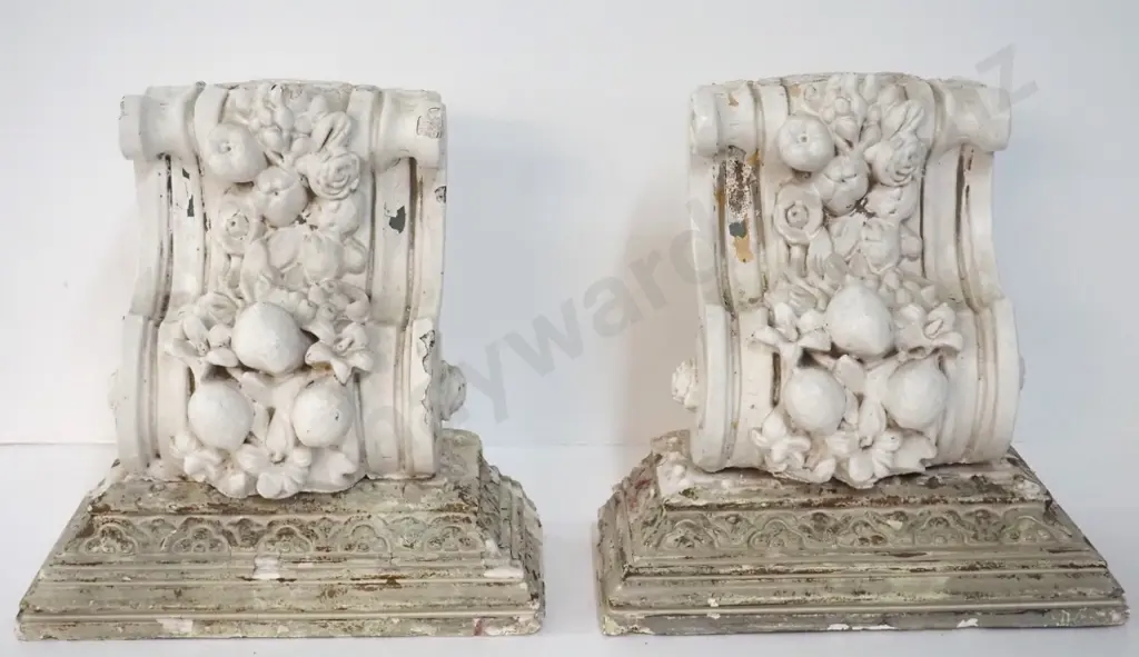 pair of painted plaster ornamental corbels and separate plinths - chips and flaking paint finish H-380 W-390 D-200 Image 1++