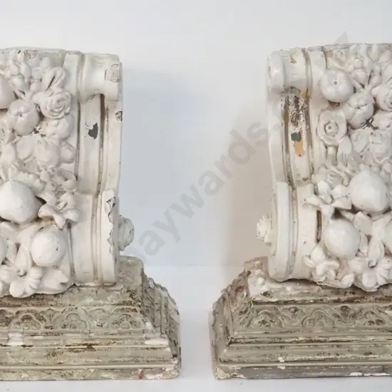 pair of painted plaster ornamental corbels and separate plinths - chips and flaking paint finish H-380 W-390 D-200