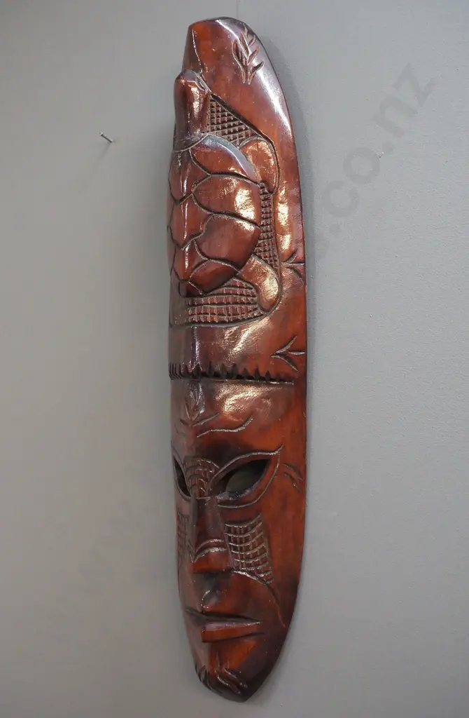 carved timber wall mask with turtle motif H680 W160 Image 1++