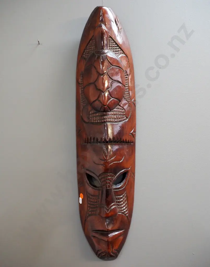 carved timber wall mask with turtle motif H680 W160 Image 1++