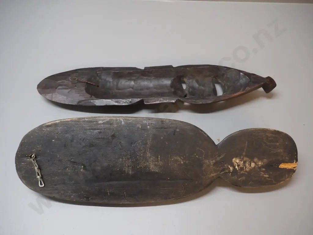 2 carved wooden wall masks - one with shell & painted design, one missing shell. Larger is H-450 W-140 Image 1++