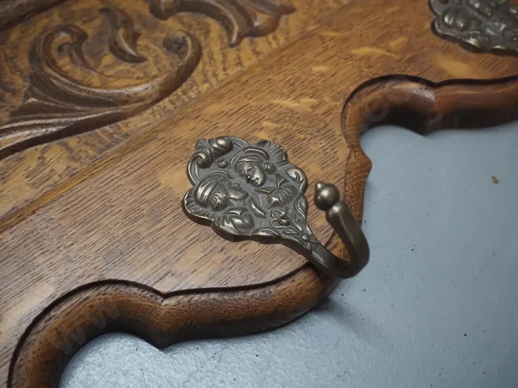 vintage French carved oak wall mount shelf / coat rack with 4 brass hooks H270 W680 D200 Image 1++