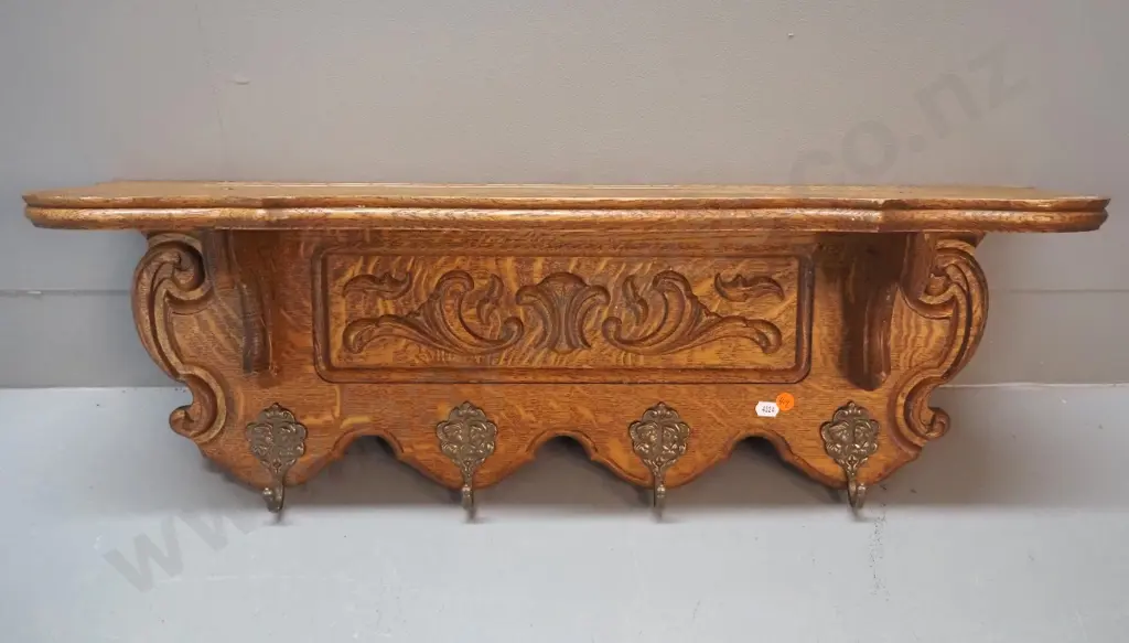 vintage French carved oak wall mount shelf / coat rack with 4 brass hooks H270 W680 D200 Image 1++