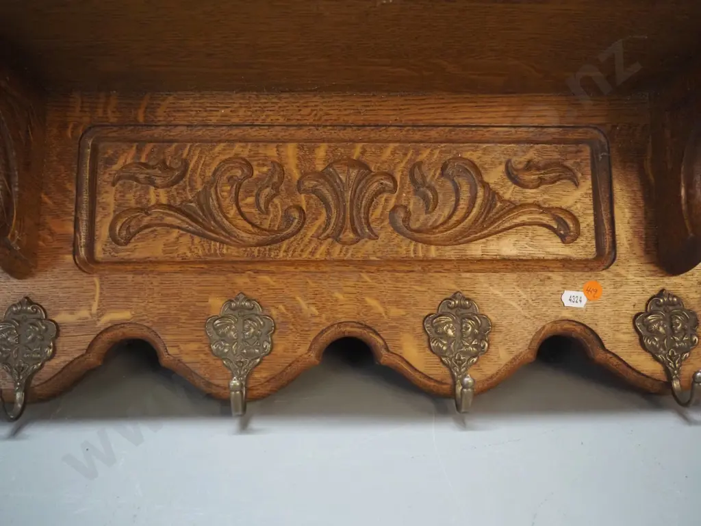 vintage French carved oak wall mount shelf / coat rack with 4 brass hooks H270 W680 D200 Image 1++