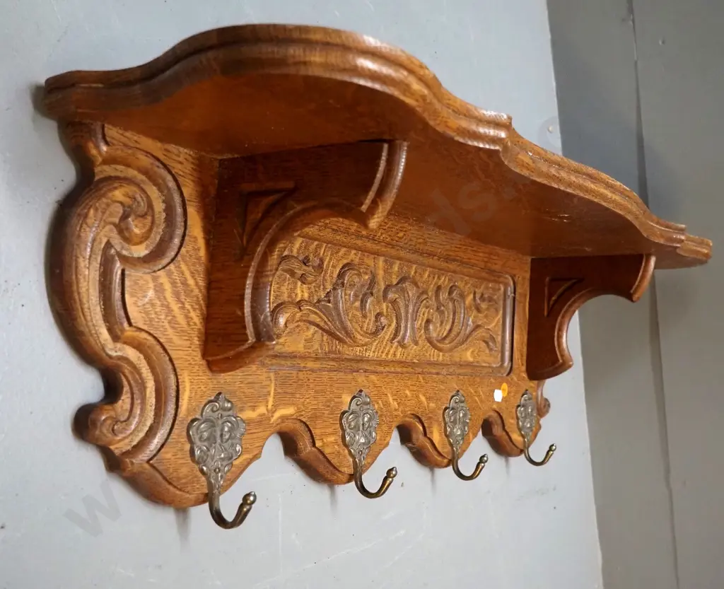 vintage French carved oak wall mount shelf / coat rack with 4 brass hooks H270 W680 D200 Image 1++