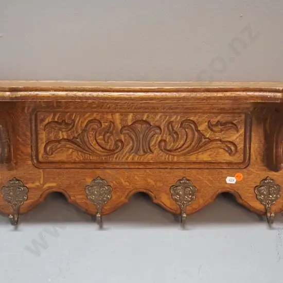vintage French carved oak wall mount shelf / coat rack with 4 brass hooks H270 W680 D200