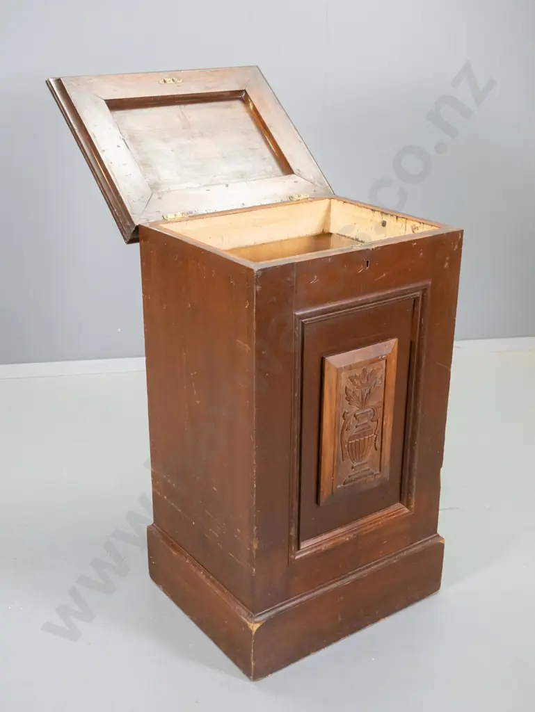 vintage kauri storage cabinet with lift top, carved panel, brass escutcheon and catch, no key - polish needs attention Image 1++