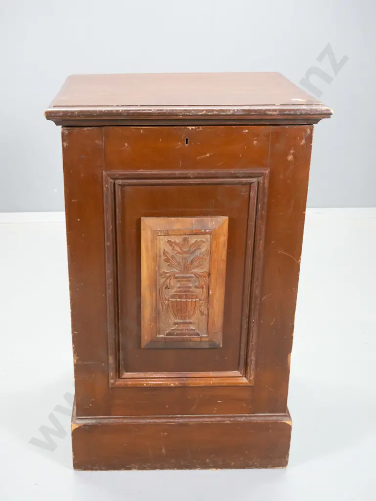 vintage kauri storage cabinet with lift top, carved panel, brass escutcheon and catch, no key - polish needs attention Image 1++