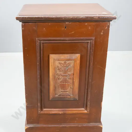 vintage kauri storage cabinet with lift top, carved panel, brass escutcheon and catch, no key - polish needs attention