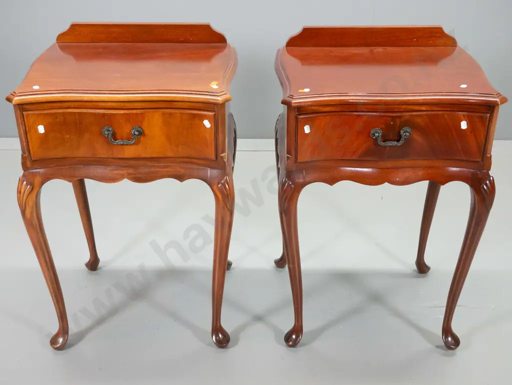 pair reproduction mahogany bedside cabinets w/ carved legs, flame drawer fronts H-735 W-490 D-400 Image 1++