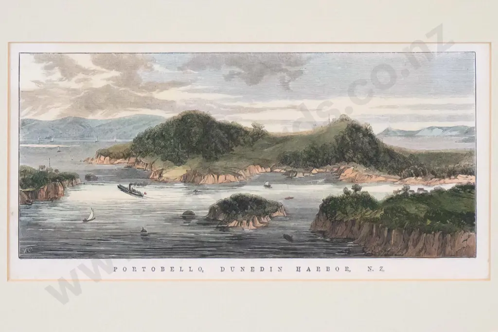 framed vintage engraving - Portobello Dunedin Harbour H-95 W-220 Image 1++