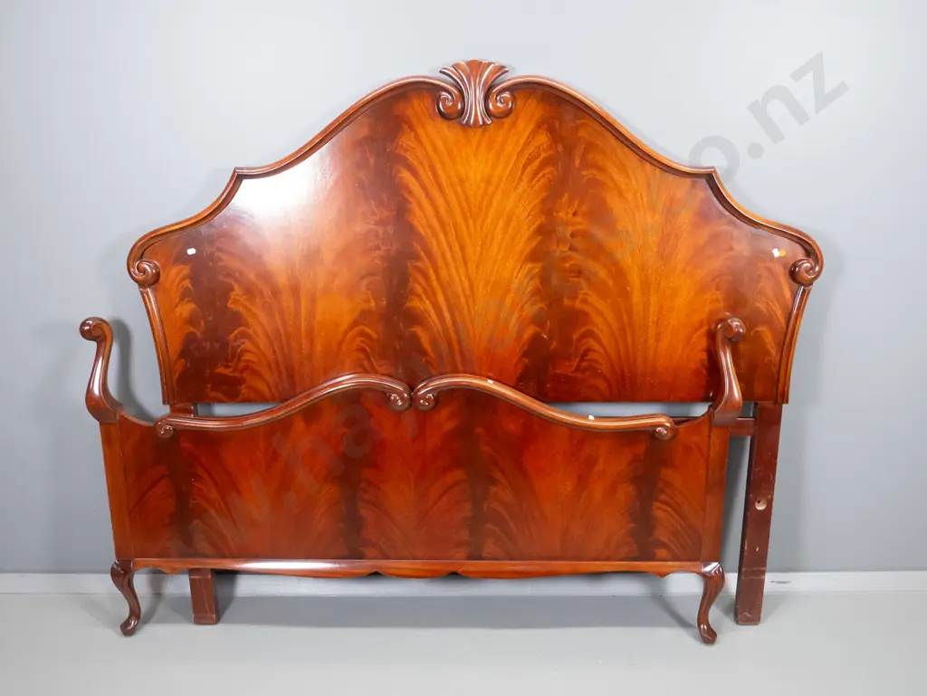 reproduction flame mahogany double size bed ends with carved shell motif detail - headboard H-1280 W-1450- Image 1++