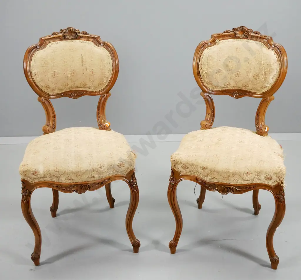 pair of Victorian heavily carved walnut dining chairs - cracks & repairs, will need reupholstering H890 W450 D430 Image 1++