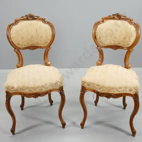 pair of Victorian heavily carved walnut dining chairs - cracks & repairs, will need reupholstering H890 W450 D430