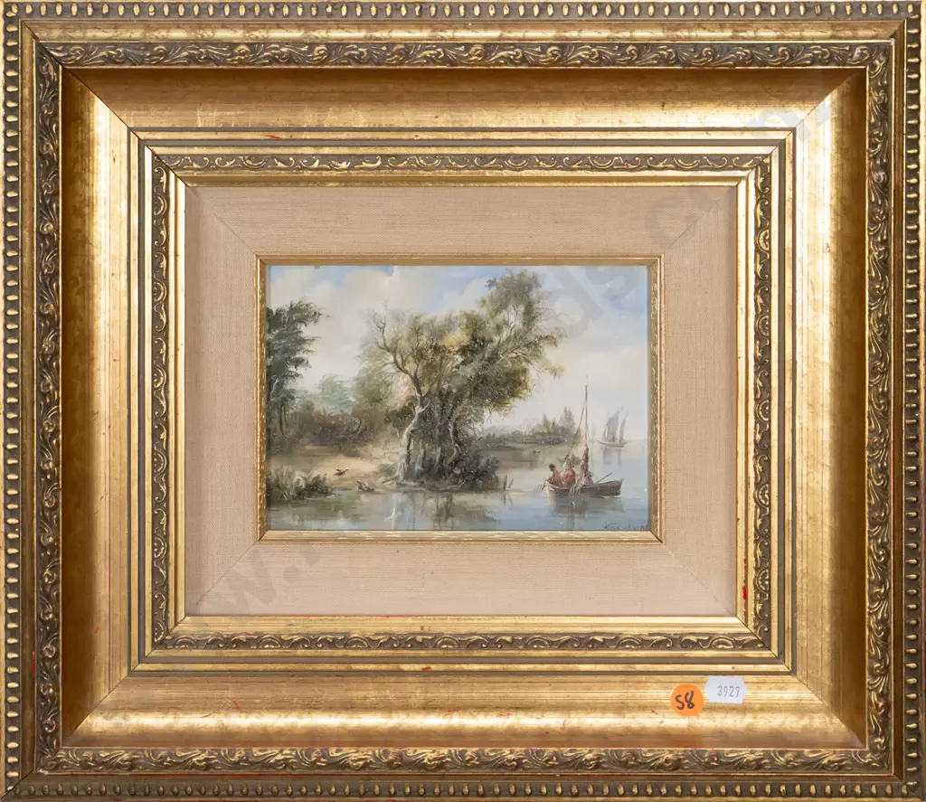 M Toldy - gilt framed oil on board - sailing boats on river H-115 W-170 Image 1++
