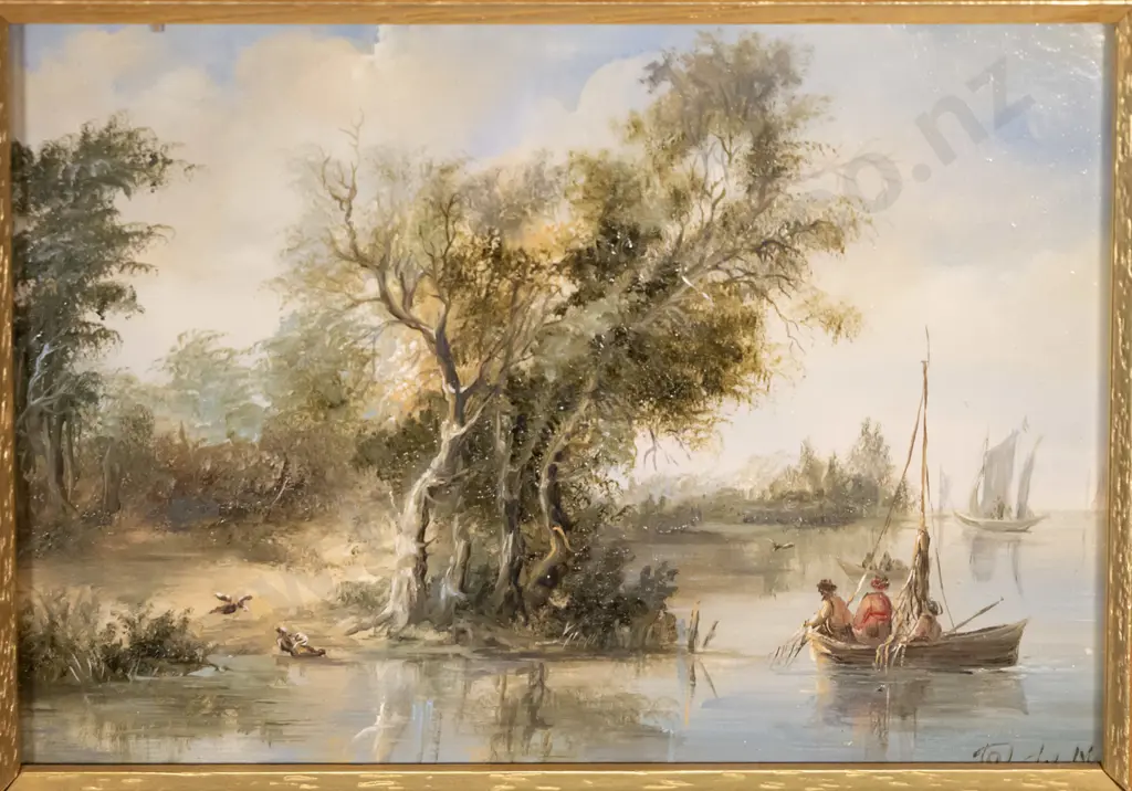 M Toldy - gilt framed oil on board - sailing boats on river H-115 W-170 Image 1++